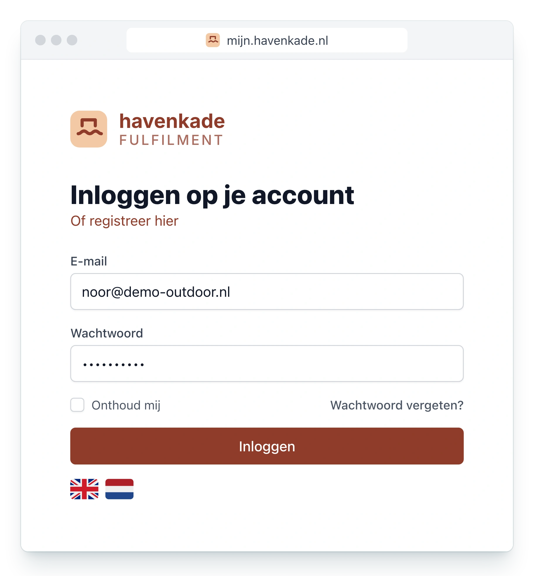 De inlogpagina van het klantportaal in een browser op het eigen domein van het fulfilmentcenter, mijn.havenkade.nl, met het logo, de kleuren en de favicon van Havenkade Fulfilment
