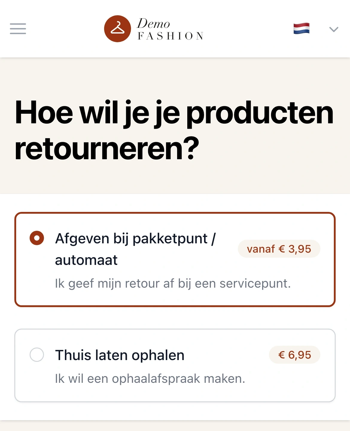 Het retourportaal van Demo Fashion: de ontvanger kiest hoe hij zijn producten retourneert, bijvoorbeeld afgeven bij een pakketpunt