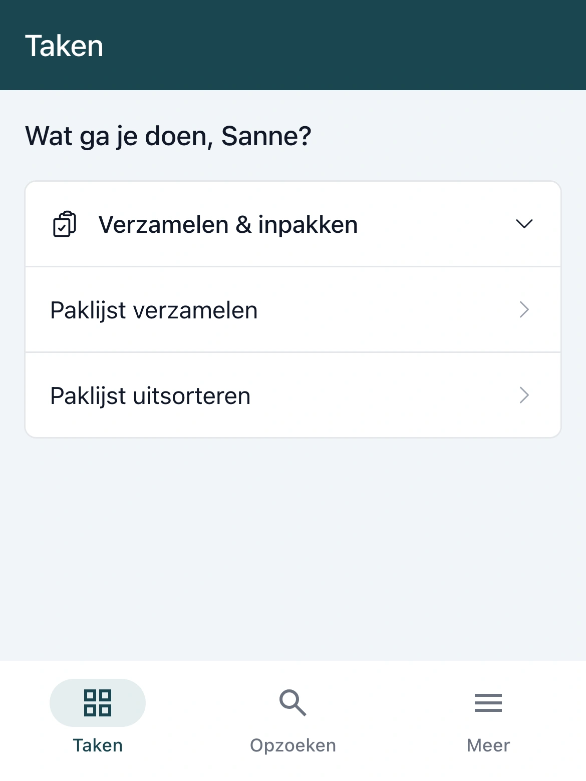 Taken in de PackCloud-app voor een medewerker die alleen mag verzamelen: alleen de groep Verzamelen & inpakken, met Paklijst verzamelen en Paklijst uitsorteren