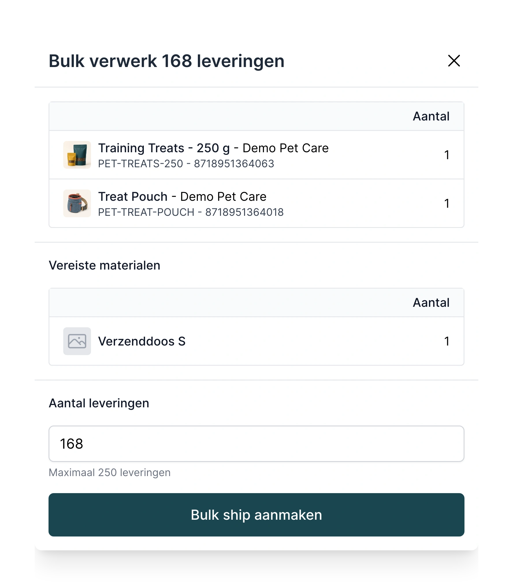 Bulk verwerk 168 leveringen in PackCloud: Training Treats en Treat Pouch, de vereiste verzenddoos, het aantal leveringen (maximaal 250) en de knop Bulk ship aanmaken