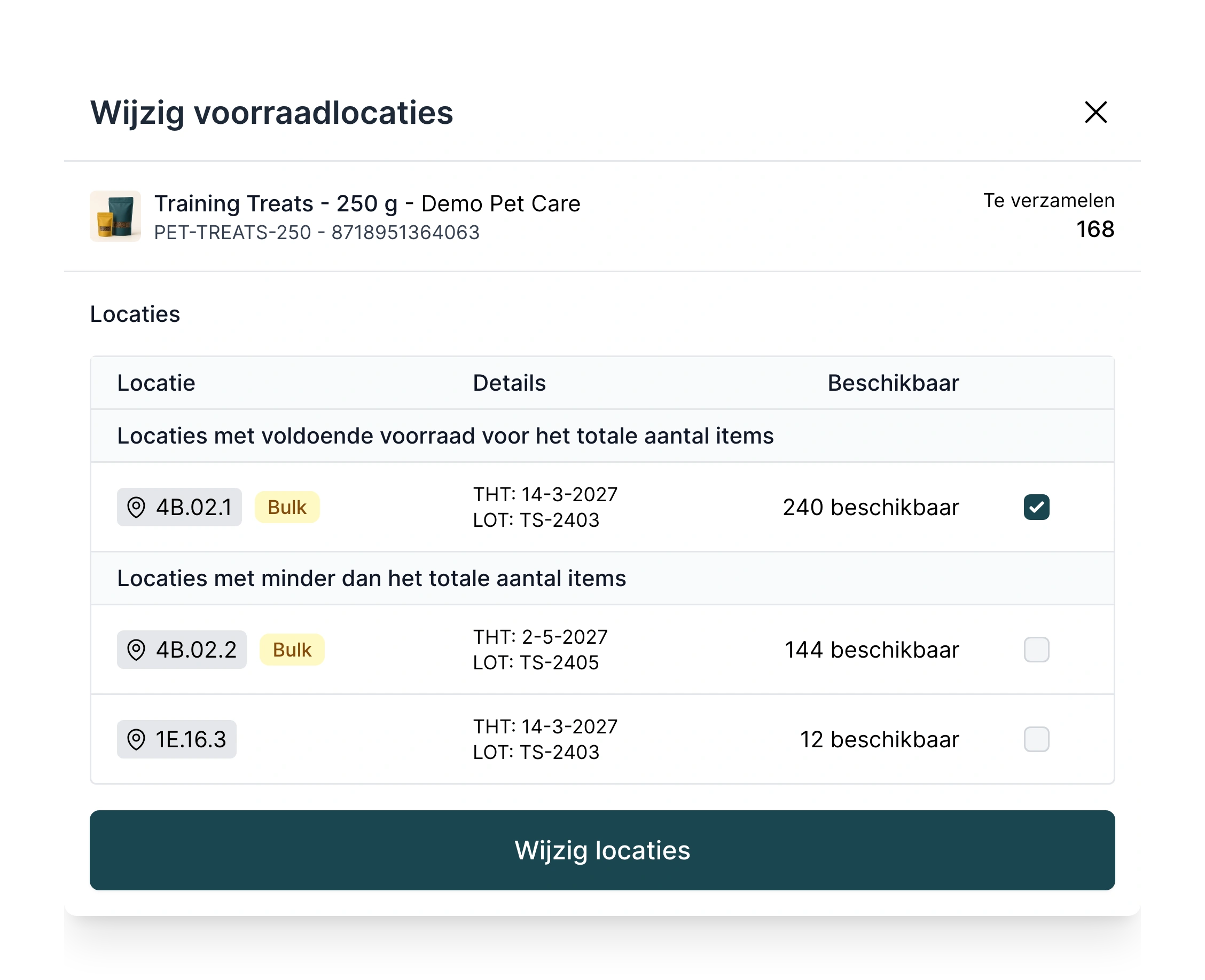 Wijzig voorraadlocaties tijdens een bulkverwerking in PackCloud: 168 Training Treats te verzamelen, de bulklocatie 4B.02.1 met 240 beschikbaar is gekozen, met THT en lotnummer per partij