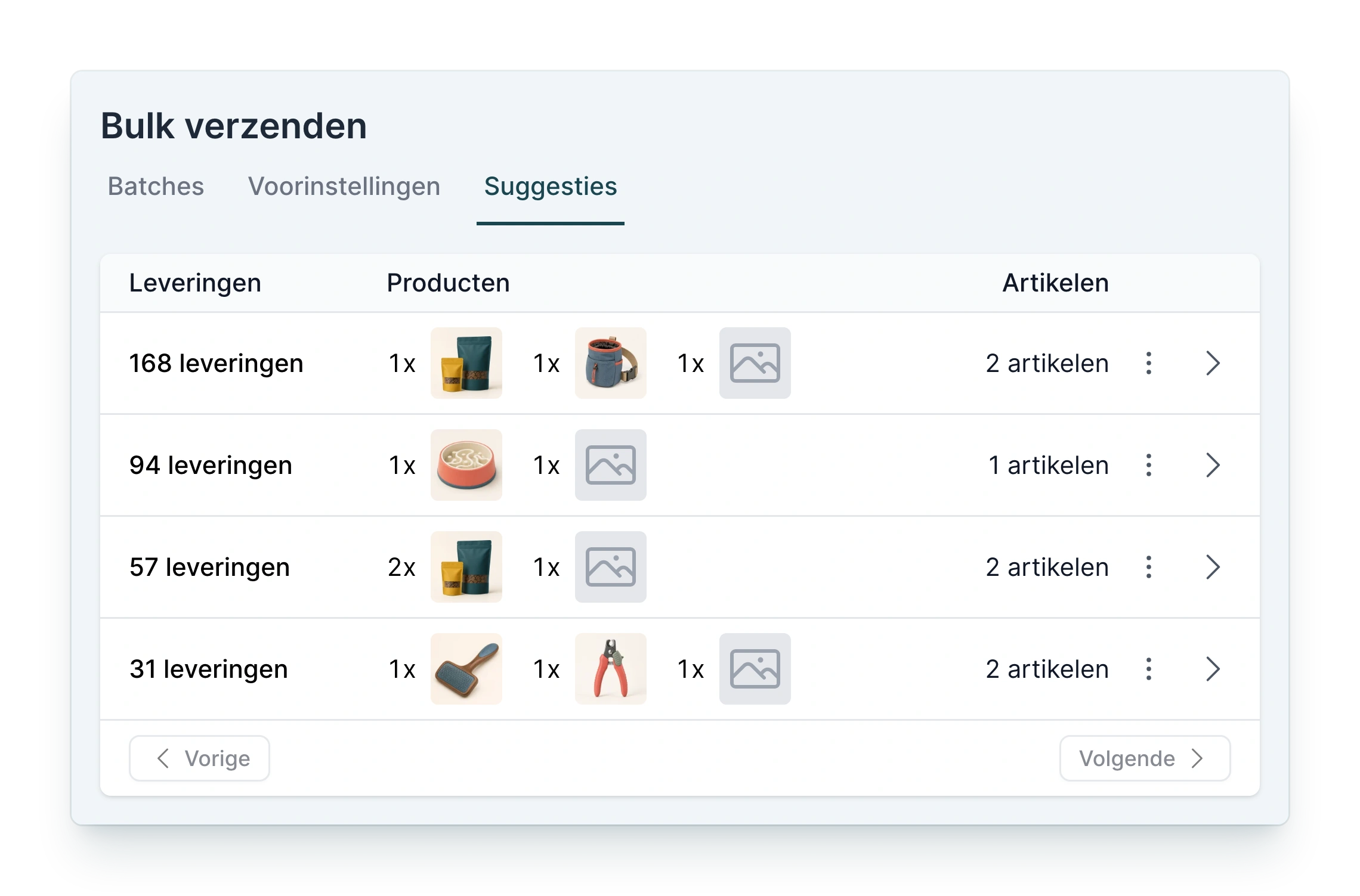 Suggesties bij Bulk verzenden in PackCloud: de samenstellingen die het vaakst klaarstaan, zoals 168 leveringen met Training Treats en een Treat Pouch, met de verzenddoos die erbij hoort