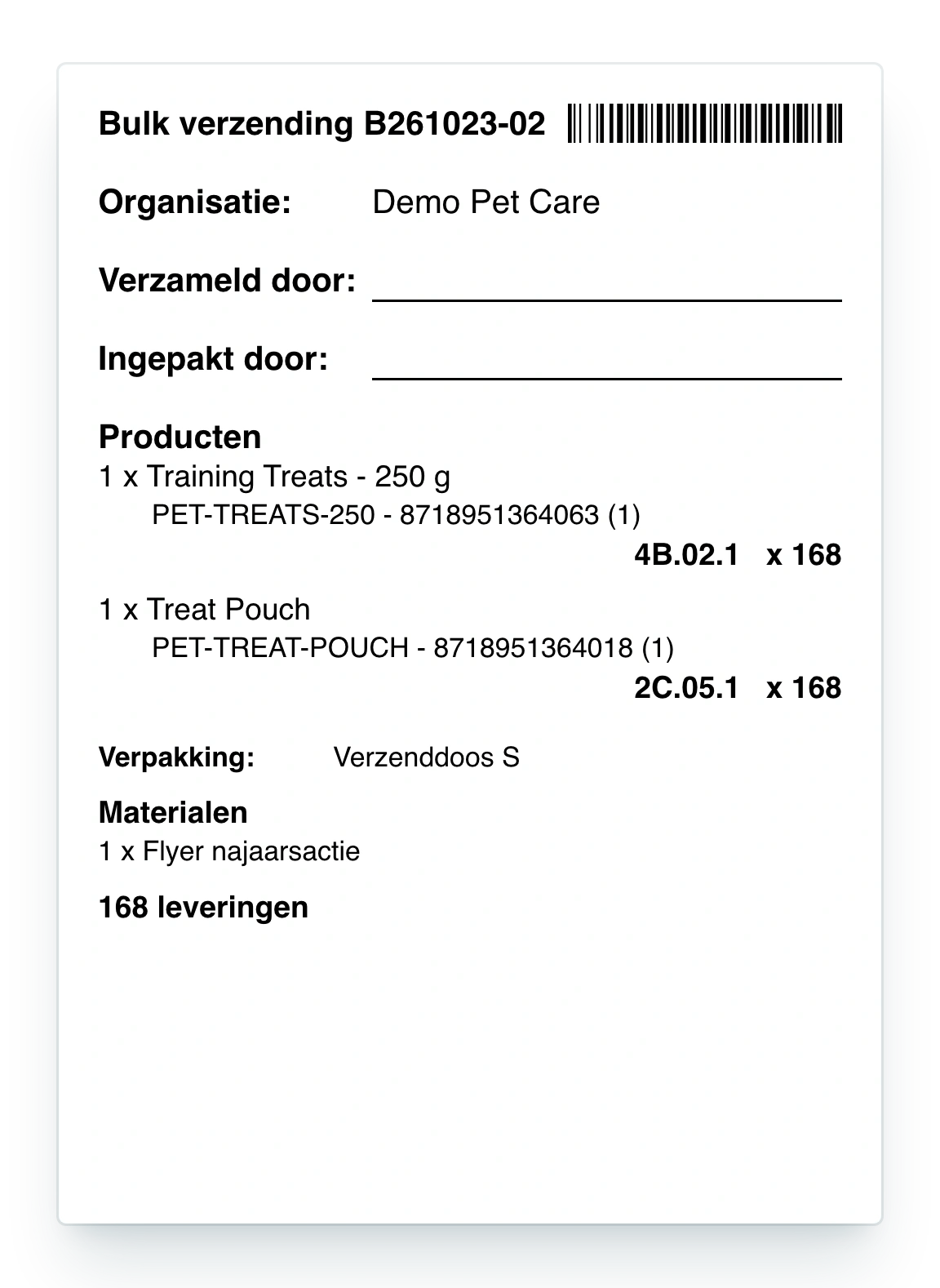 Voorblad van een bulkverzending uit PackCloud: referentie B261023-02 met barcode, organisatie, invulregels voor verzameld en ingepakt door, per product het aantal per levering met de locatie en het totaal van 168, de verpakking, de flyer en 168 leveringen