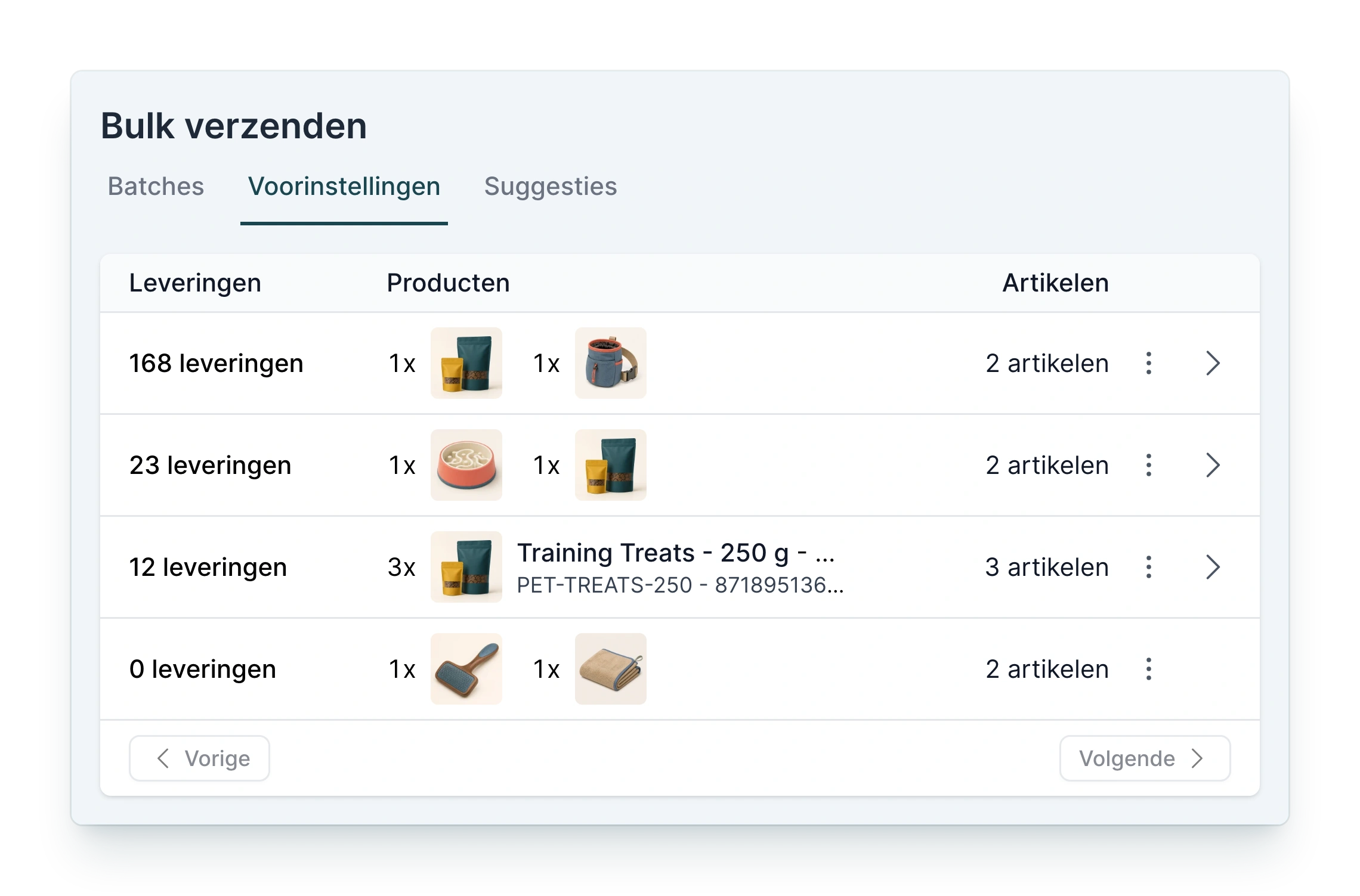 Voorinstellingen bij Bulk verzenden in PackCloud: opgeslagen samenstellingen met het aantal leveringen dat er nu klaarstaat