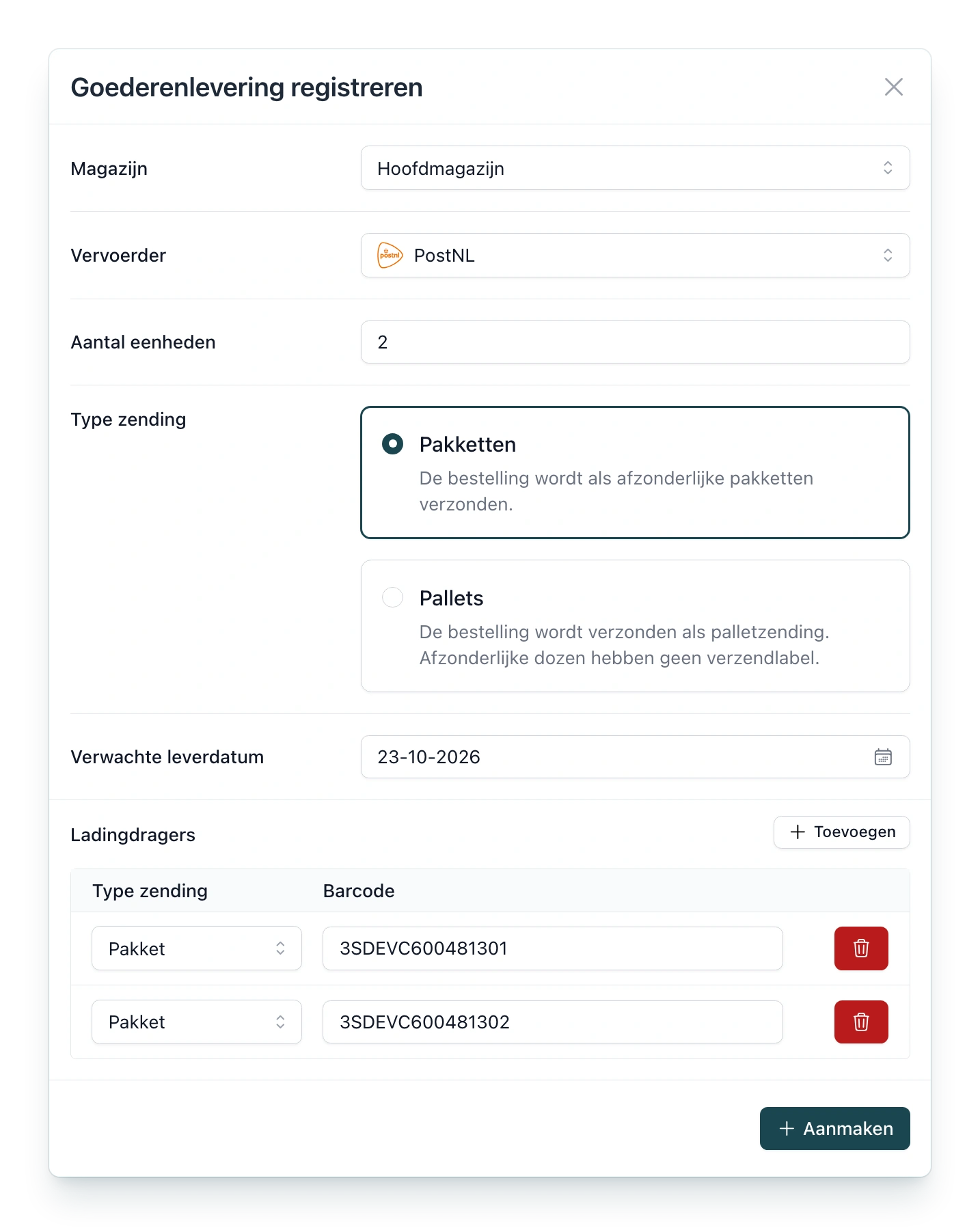 De modal Goederenlevering registreren in PackCloud: magazijn, vervoerder PostNL, twee eenheden als pakketten, verwachte leverdatum en per ladingdrager het type en de barcode met het zendingsnummer
