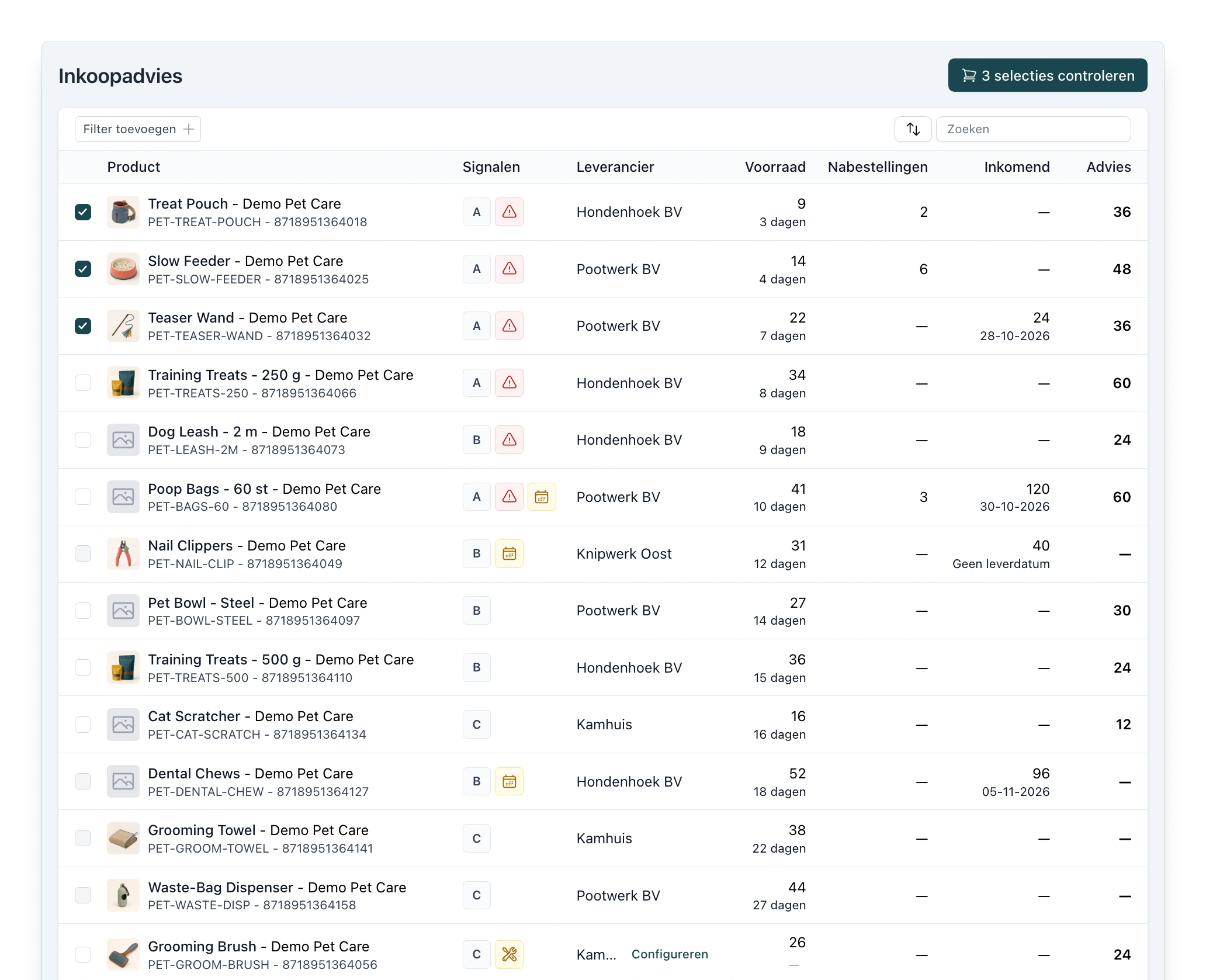 Inkoopadvies in PackCloud: een lange lijst producten met signalen, leverancier, voorraad met dagen voorraaddekking, nabestellingen, inkomende voorraad en het aanbevolen aantal, met de eerste drie regels geselecteerd