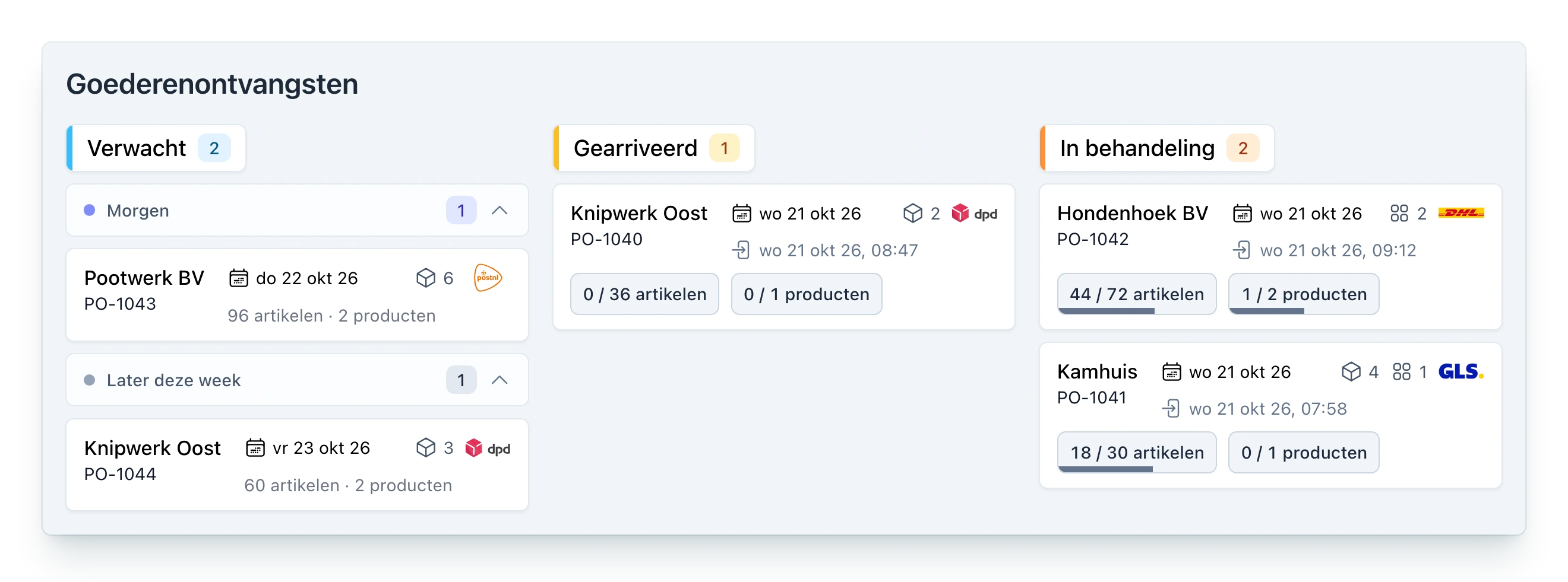 Ontvangstdashboard in PackCloud Magazijn met de lanes Verwacht (gegroepeerd per dag: Morgen en Later deze week), Gearriveerd en In behandeling; per ontvangst de leverancier met inkoopreferentie, de verwachte datum, het aantal pakketten en pallets met de vervoerder, de aankomsttijd en de voortgang in artikelen en producten