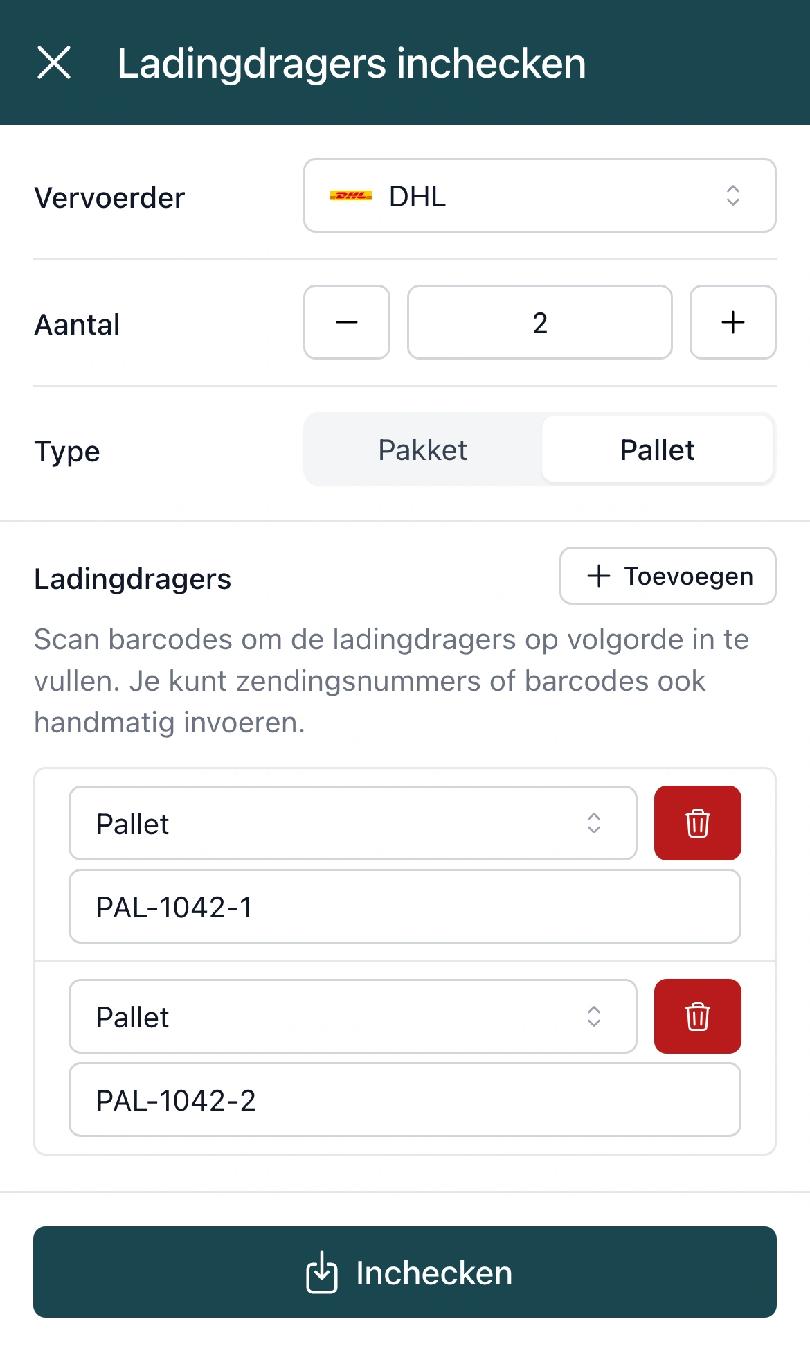 Ladingdragers inchecken in de PackCloud-app: vervoerder DHL, aantal 2, type Pallet en twee ladingdragers met de barcodes PAL-1042-1 en PAL-1042-2, met onderaan de knop Inchecken