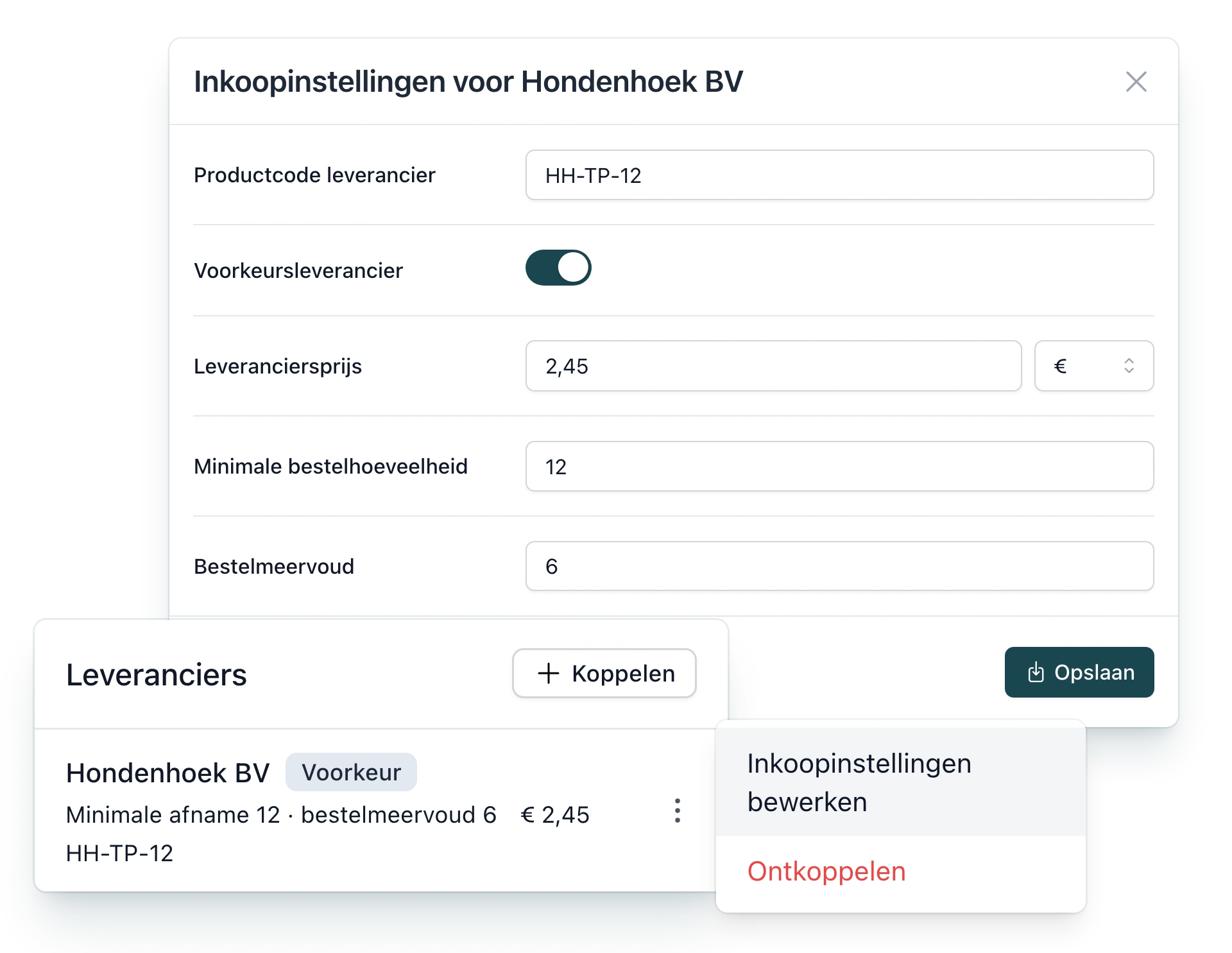 Inkoopafspraken van de Treat Pouch bij Hondenhoek BV in PackCloud: het paneel Leveranciers met de Voorkeur-badge, minimale afname 12 en bestelmeervoud 6, en de modal Inkoopinstellingen met productcode leverancier, voorkeursleverancier, leveranciersprijs, minimale bestelhoeveelheid en bestelmeervoud