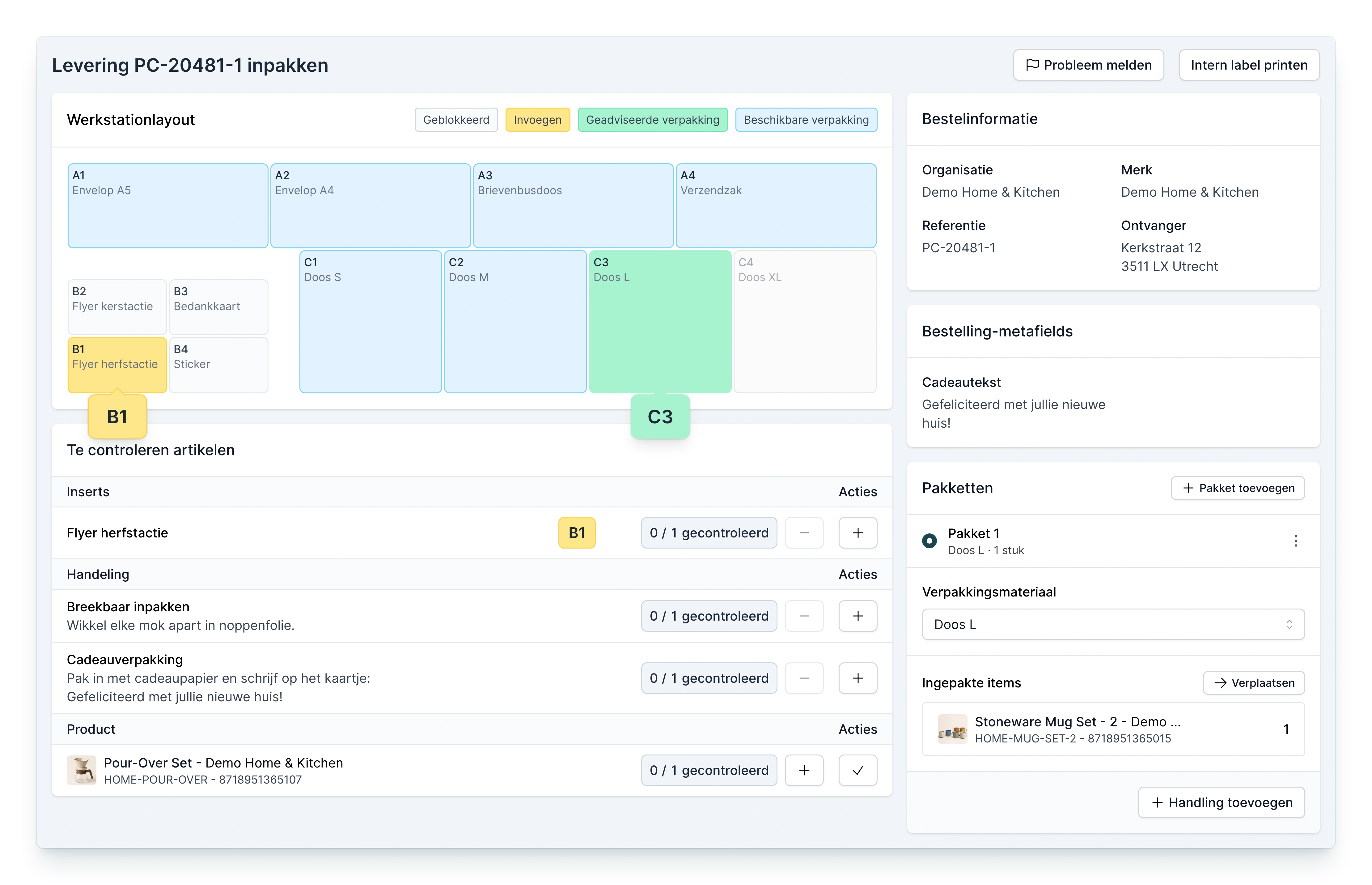 Het inpakscherm in PackCloud: de vakken van de inpaktafel met de geadviseerde Doos L en de Flyer herfstactie in hun vak, de te controleren insert, handelingen en producten, de bestelinformatie en Pakket 1 in Doos L