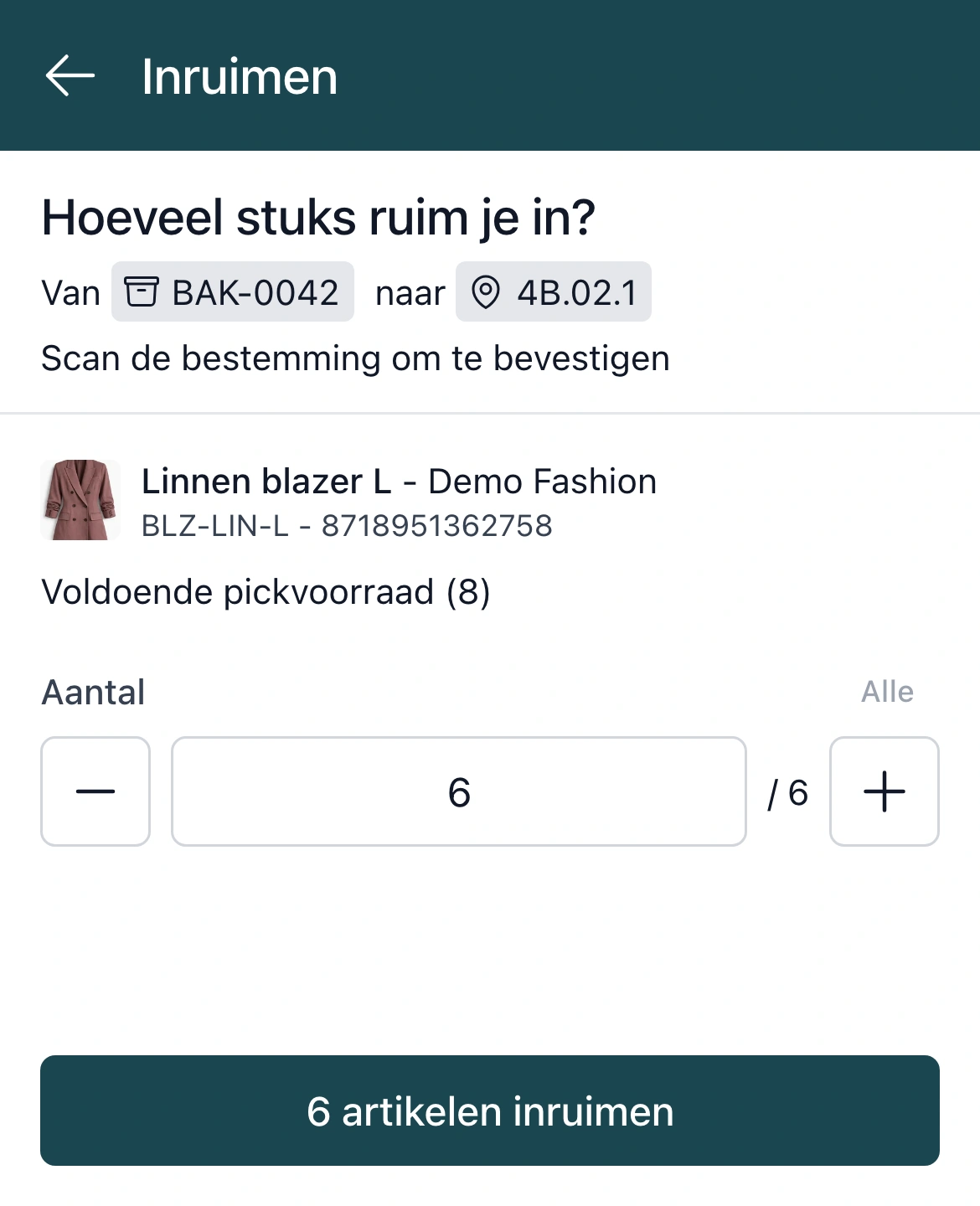 Inruimen in de PackCloud-app: de overige 6 stuks van de Linnen blazer L gaan van bak BAK-0042 naar bulklocatie 4B.02.1, met Voldoende pickvoorraad