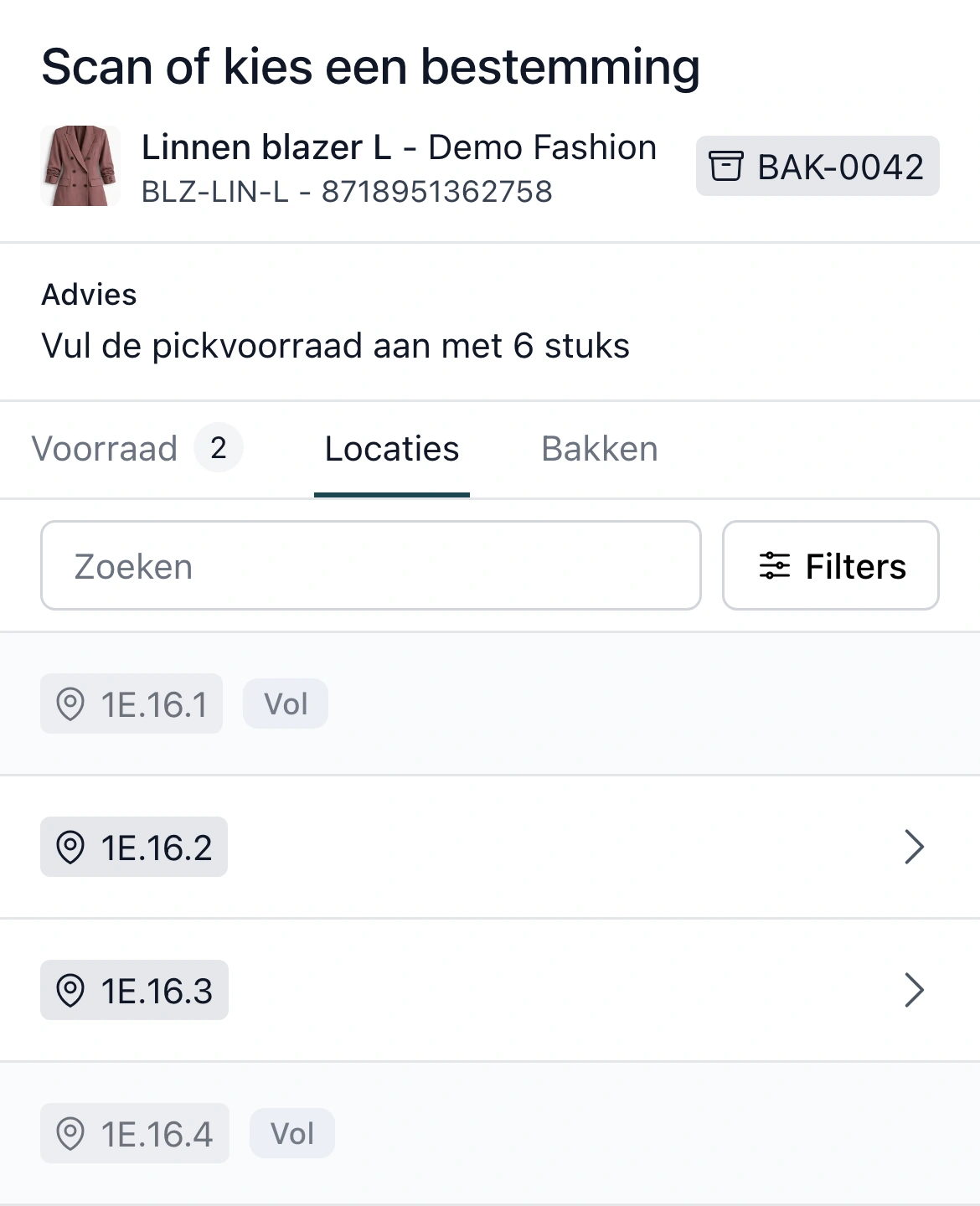 Locaties kiezen bij het inruimen in de PackCloud-app: 1E.16.1 en 1E.16.4 hebben de badge Vol en zijn niet te kiezen, 1E.16.2 en 1E.16.3 wel
