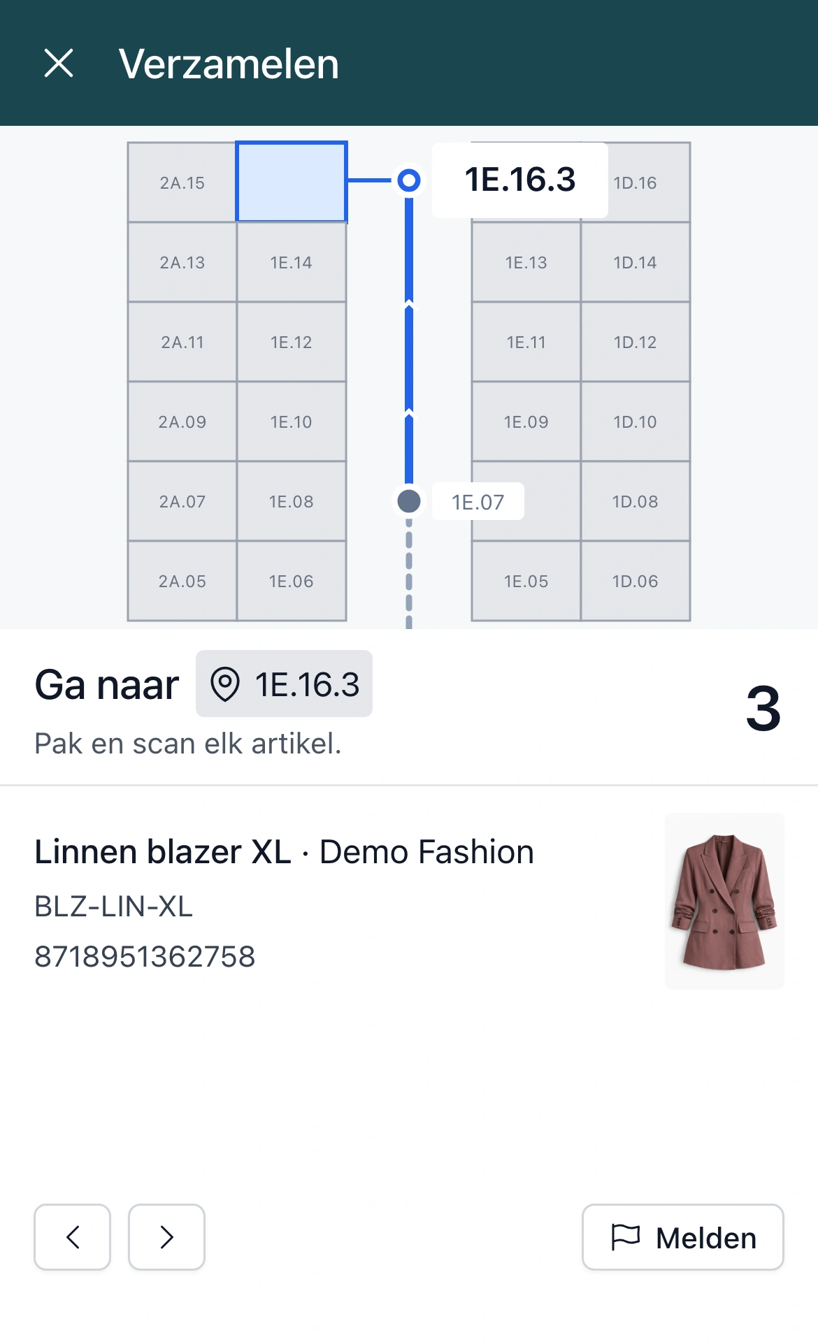 Looproute in de PackCloud-app: de route naar locatie 1E.16.3 op de plattegrond, met het product en het aantal dat je pakt