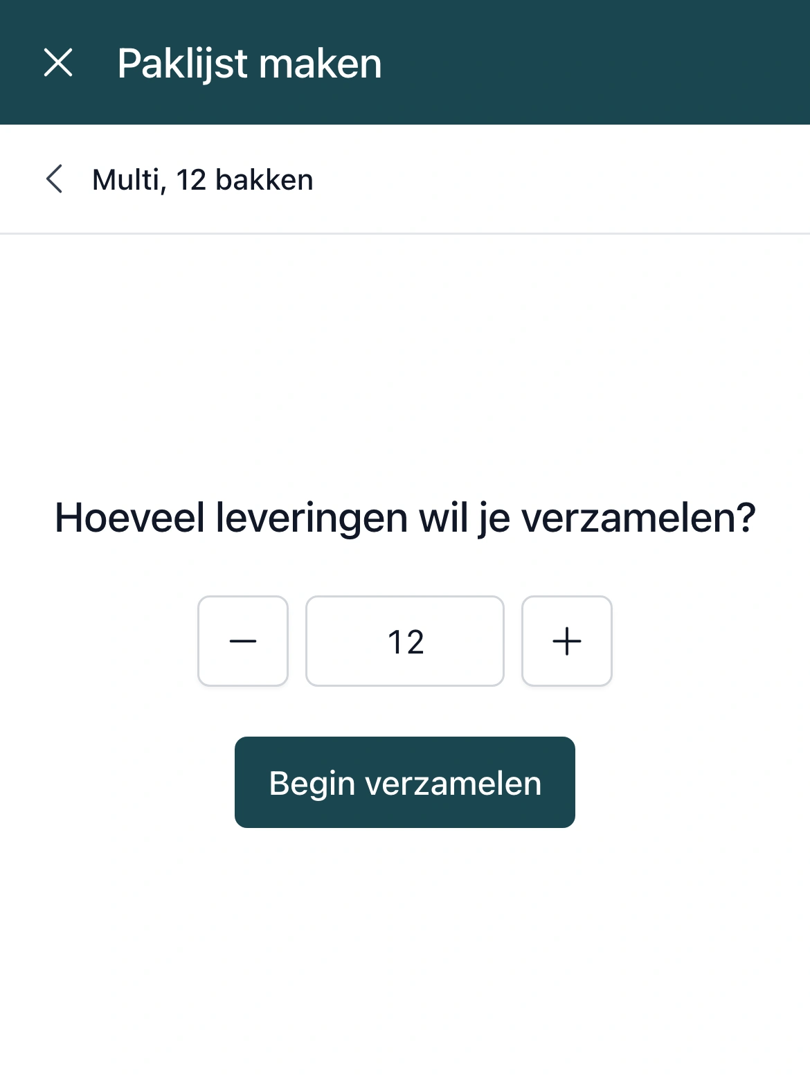 Paklijst maken in de PackCloud-app: kies hoeveel leveringen je wilt verzamelen en begin met verzamelen