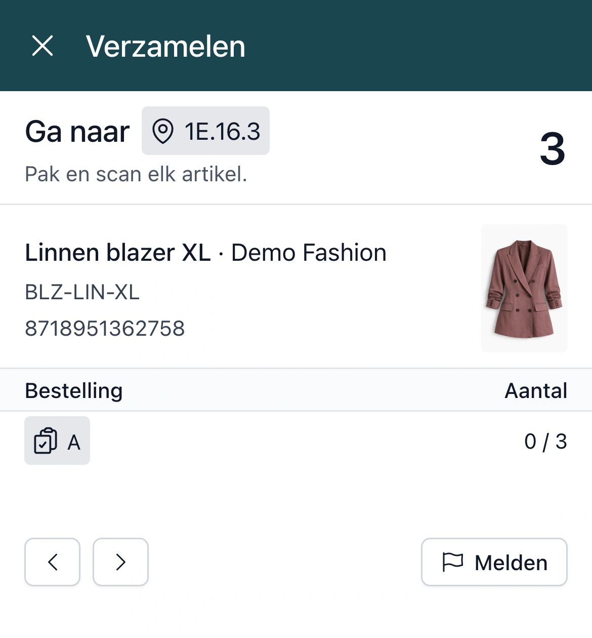 Verzamelen op een handheld: Ga naar locatie 1E.16.3, pak en scan elk artikel, met de linnen blazer, het aantal 3 en de bestelling