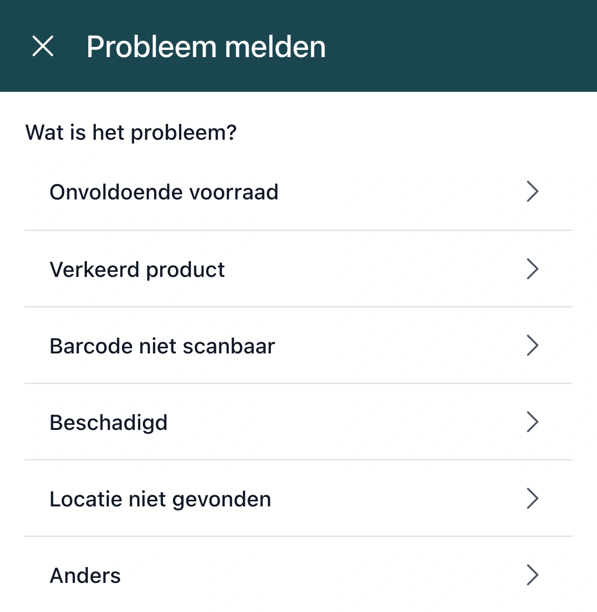Probleem melden in de PackCloud-app: kies de reden, van onvoldoende voorraad tot beschadigd
