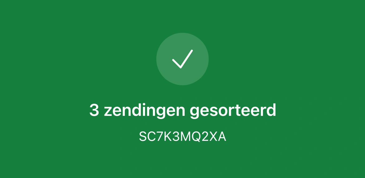 Melding in de PackCloud-app na het sorteren: 3 zendingen gesorteerd in container SC7K3MQ2XA