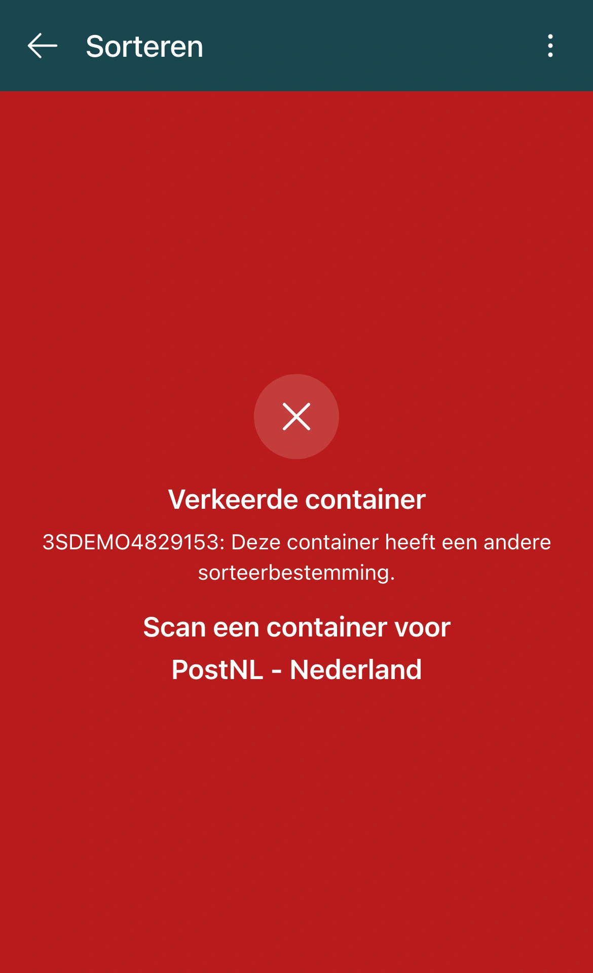 Zendingen sorteren op een handheld: de app meldt Verkeerde container, omdat de container een andere sorteerbestemming heeft, en vraagt om een container voor PostNL - Nederland