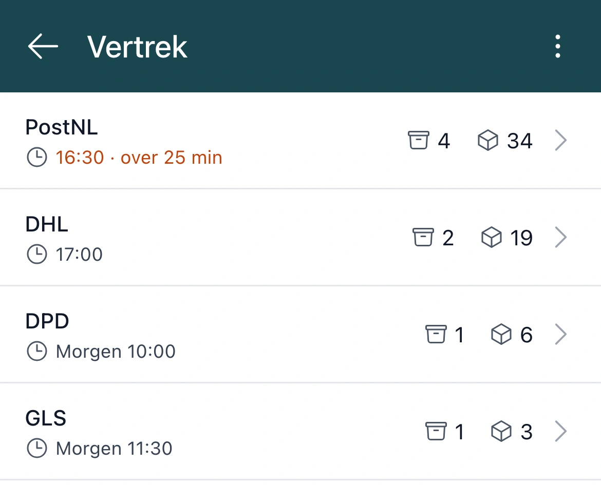 Vertrek in de PackCloud-app: per ophaler het volgende ophaalmoment en hoeveel containers en zendingen klaarstaan, met PostNL over 25 minuten in oranje
