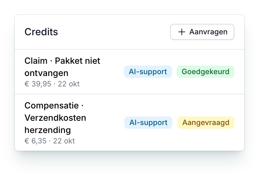 Credits in een supportticket van PackCloud: een claimcredit van € 39,95 voor het pakket dat niet is ontvangen, door AI-support aangevraagd en goedgekeurd, en een compensatie voor de verzendkosten van de herzending