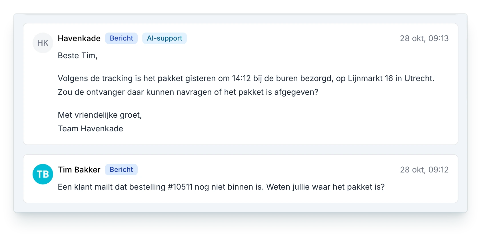 Een supportticket in PackCloud: Tim Bakker vraagt waar het pakket van bestelling #10511 blijft en AI-support antwoordt dat het volgens de tracking bij de buren is bezorgd