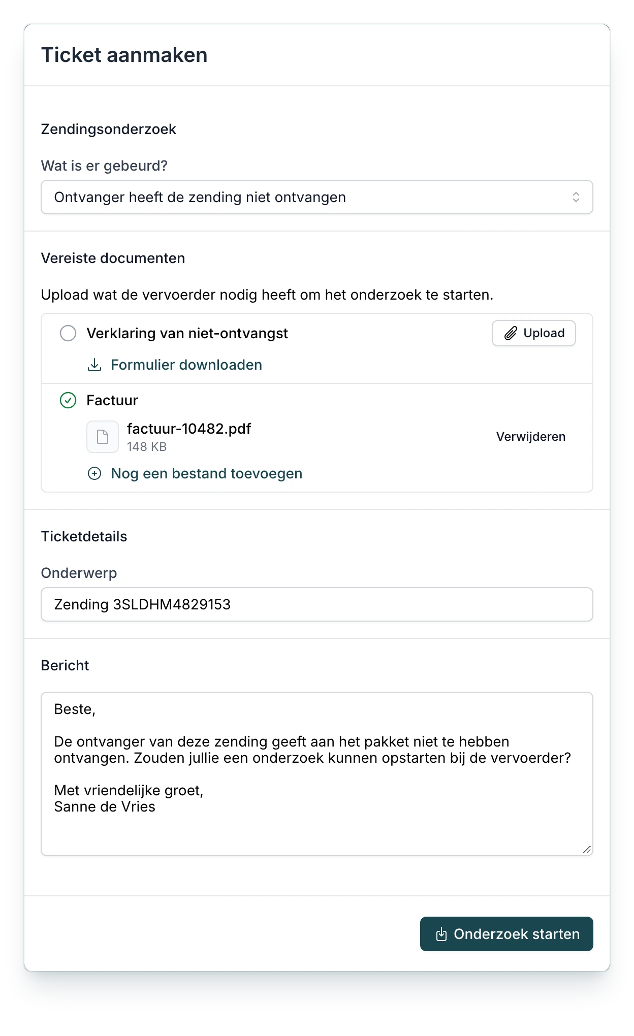 Ticket aanmaken op een zending in PackCloud: bij Wat is er gebeurd? is Ontvanger heeft de zending niet ontvangen gekozen, met de vereiste documenten verklaring van niet-ontvangst (met het formulier om te downloaden) en factuur, en het bericht aan de vervoerder