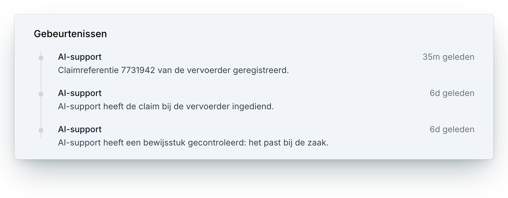 Gebeurtenissen in een supportticket van PackCloud: AI-support heeft een bewijsstuk gecontroleerd, de claim bij de vervoerder ingediend en de claimreferentie van de vervoerder geregistreerd
