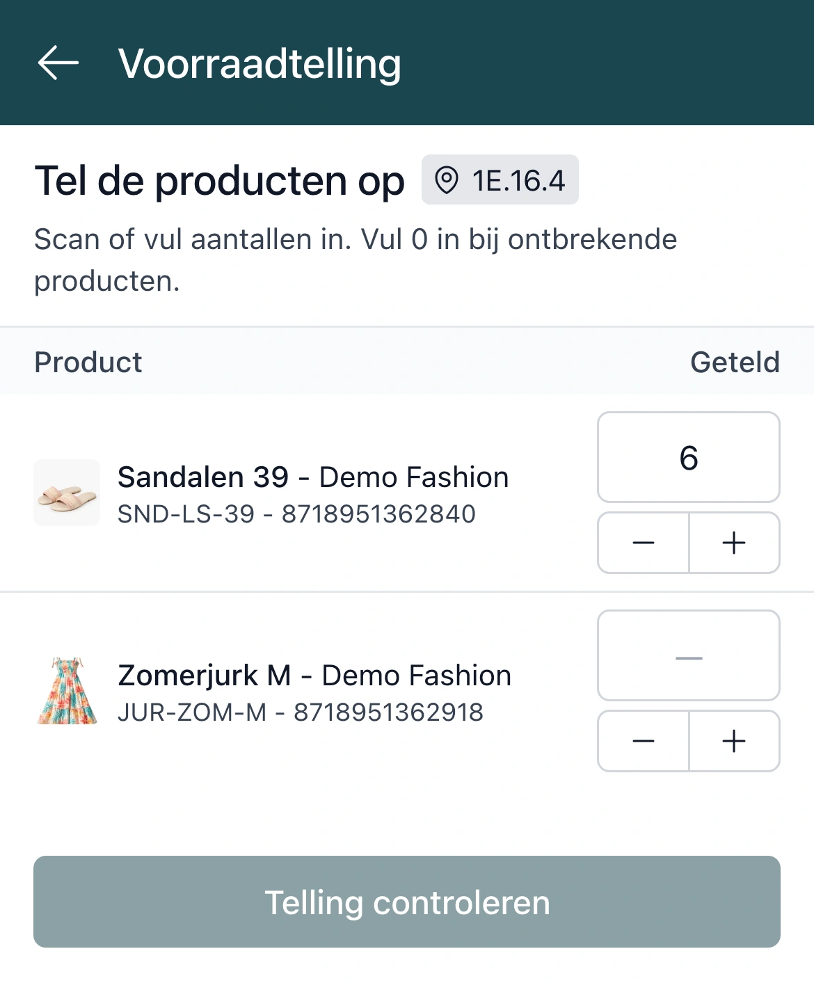 Tellen in de PackCloud-app op locatie 1E.16.4: 6 sandalen geteld, de zomerjurk nog in te vullen