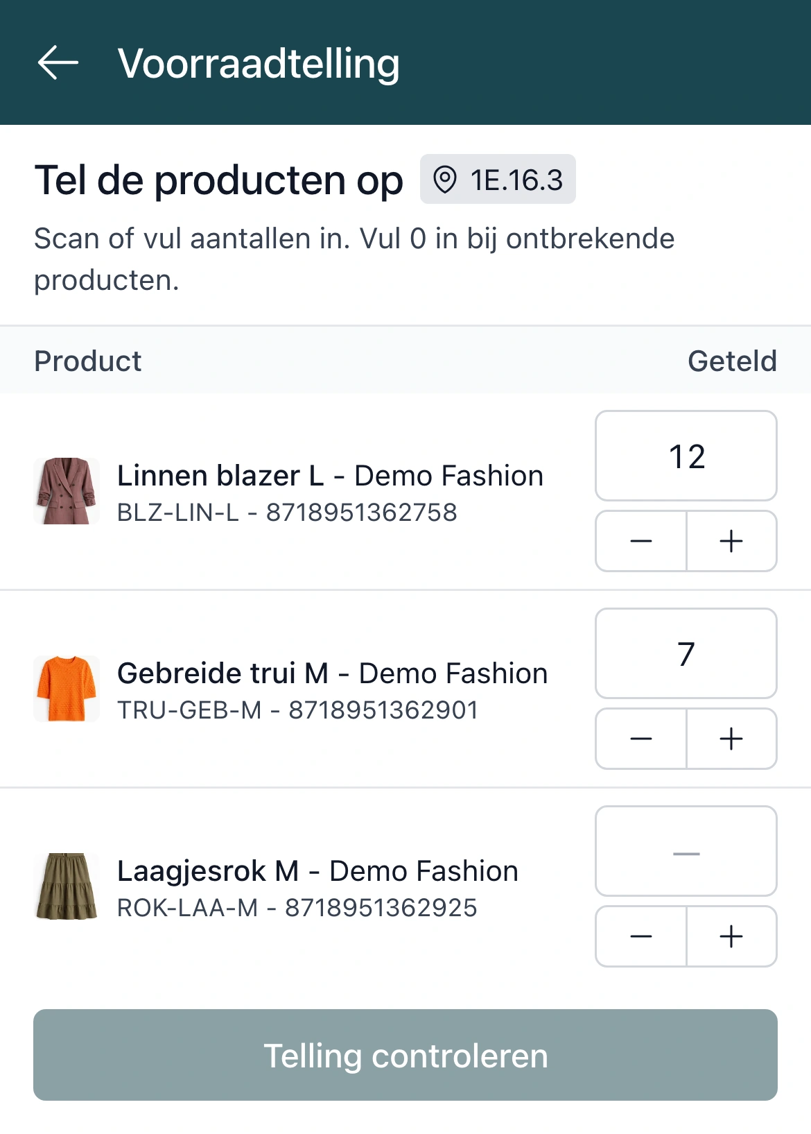Tellen in de PackCloud-app: op locatie 1E.16.3 vul je per product het getelde aantal in, 12 linnen blazers en 7 gebreide truien, met min- en plusknoppen en de knop Telling controleren