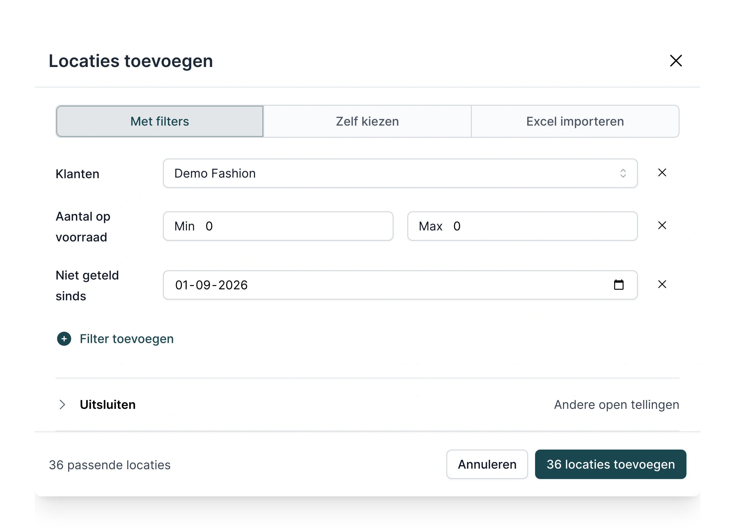 Locaties toevoegen aan een telling in PackCloud: met de filters klant Demo Fashion, aantal op voorraad 0 en niet geteld sinds 1 september, 36 passende locaties en de knop 36 locaties toevoegen