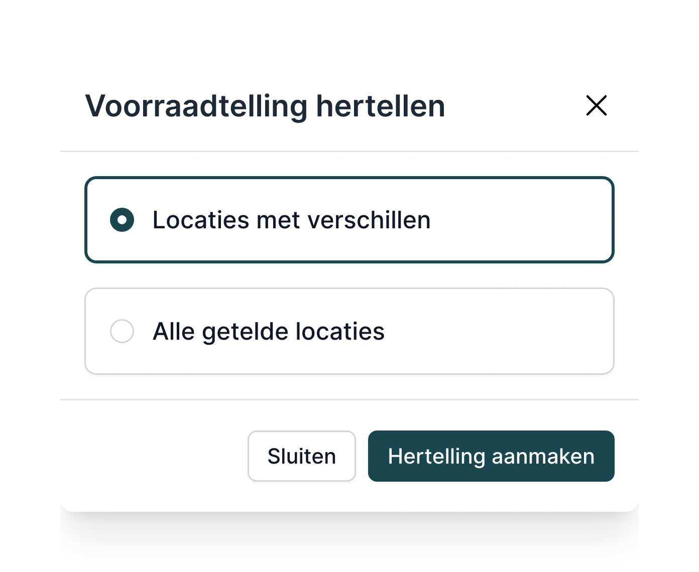 Voorraadtelling hertellen in PackCloud: kies locaties met verschillen of alle getelde locaties en maak de hertelling aan