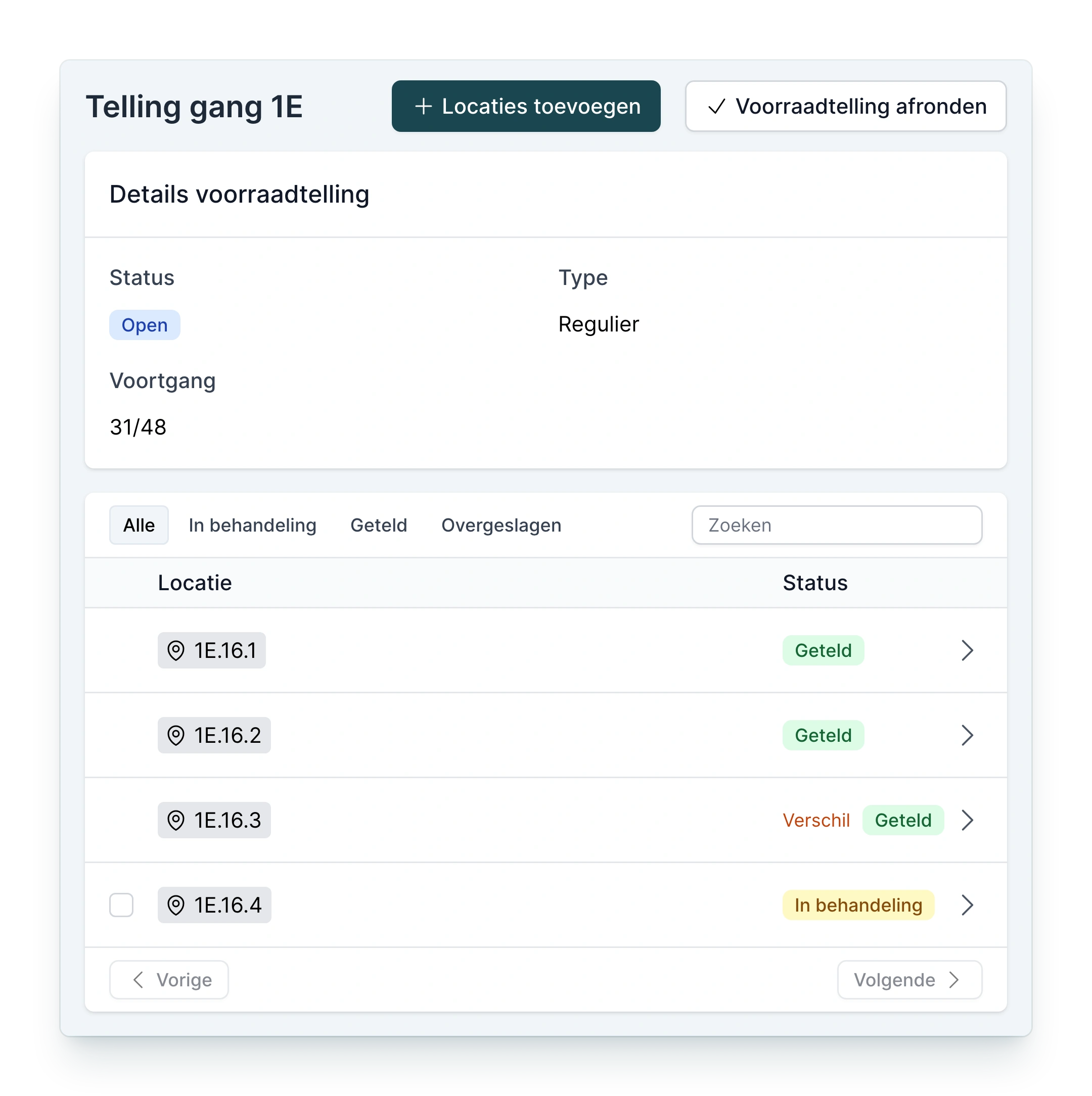 Voorraadtelling Telling gang 1E in PackCloud: status Open, voortgang 31 van 48 locaties, en per locatie de status Geteld of In behandeling, met bij 1E.16.3 een verschil