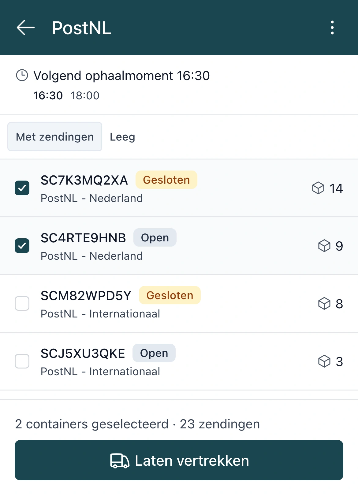 Vertrek registreren op een handheld: de containers die klaarstaan voor een ophaler, met de geselecteerde containers en zendingen en de knop Laten vertrekken