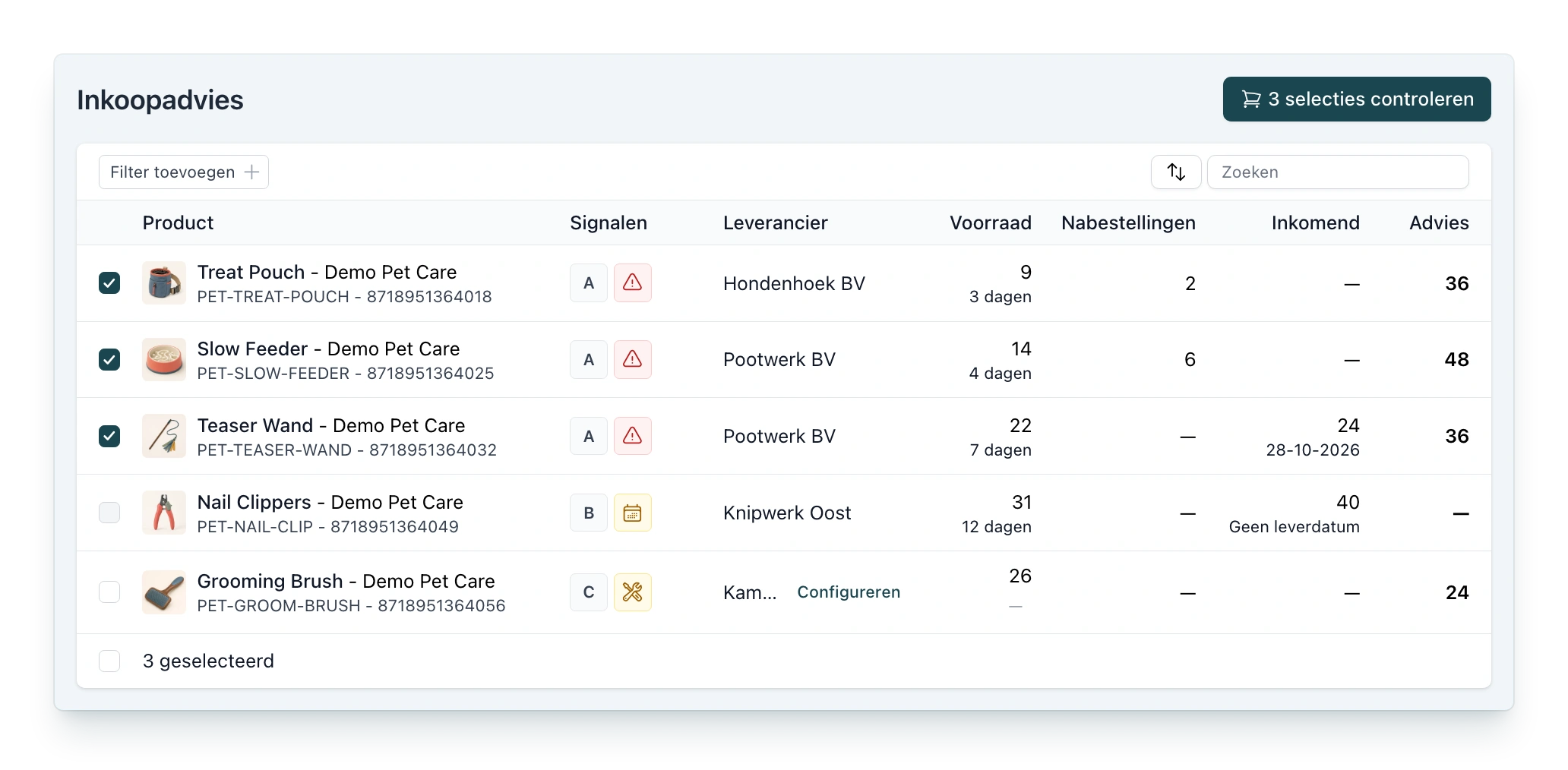 Inkoopadvies in PackCloud: producten met signalen, leverancier, voorraad met dagen voorraaddekking, nabestellingen, inkomende voorraad en het aanbevolen aantal, met drie geselecteerde regels en de knop 3 selecties controleren