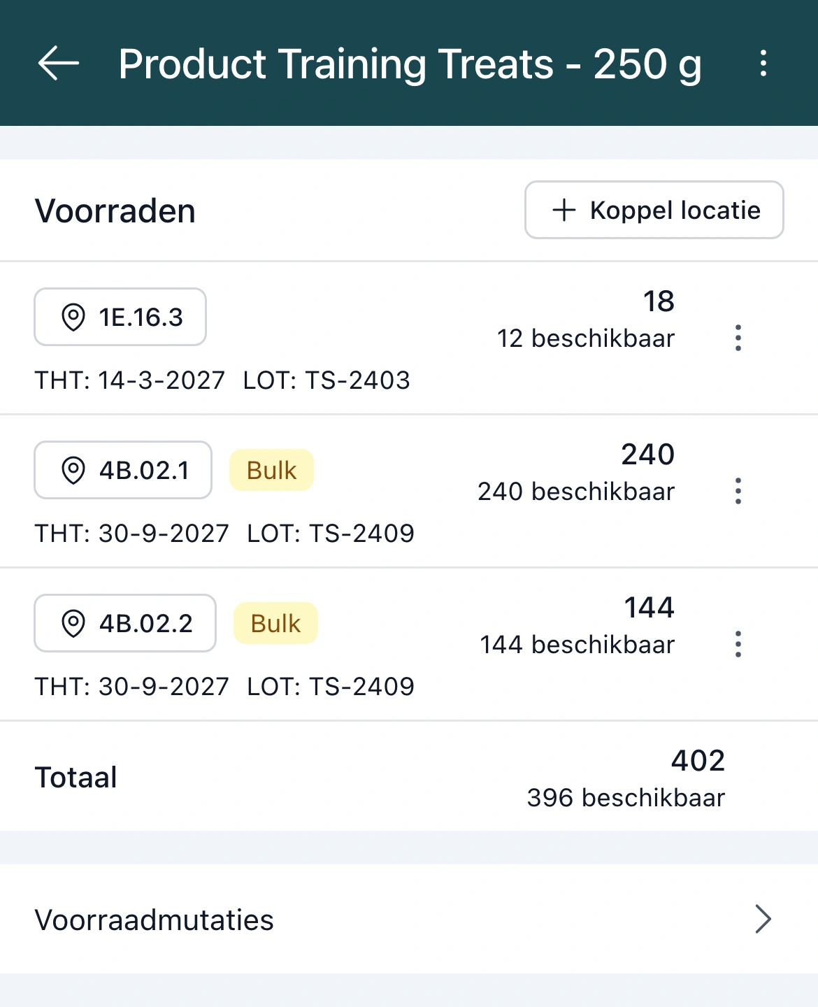 Productpagina van Training Treats - 250 g in de PackCloud-app: het paneel Voorraden met drie locaties, 1E.16.3 met 18 op voorraad en 12 beschikbaar en de bulklocaties 4B.02.1 en 4B.02.2 met 240 en 144, elk met THT en LOT, de regel Totaal met 402 en 396 beschikbaar en de rij Voorraadmutaties