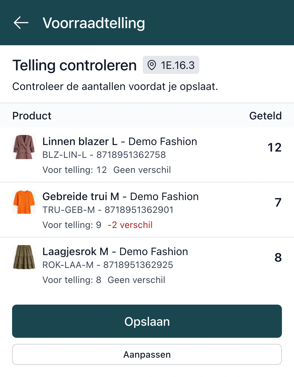 Telling controleren in de PackCloud-app: drie producten op locatie 1E.16.3 met geteld aantal, het aantal voor de telling en bij de Wollen trui een verschil van -2, met de knoppen Opslaan en Aanpassen